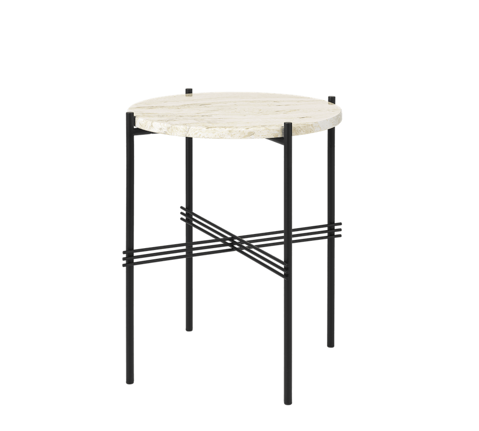 GUBI TS Side Table - Round, Ø40 - Beistelltisch - Black base - Neutral White Travertine--1