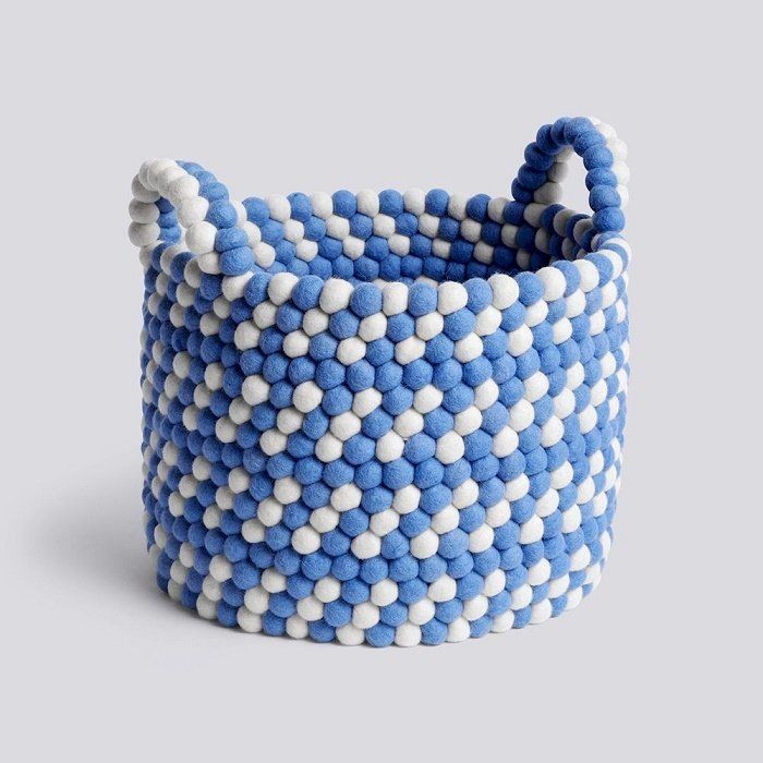 Hay Bead Basket - With handle blue dash--1